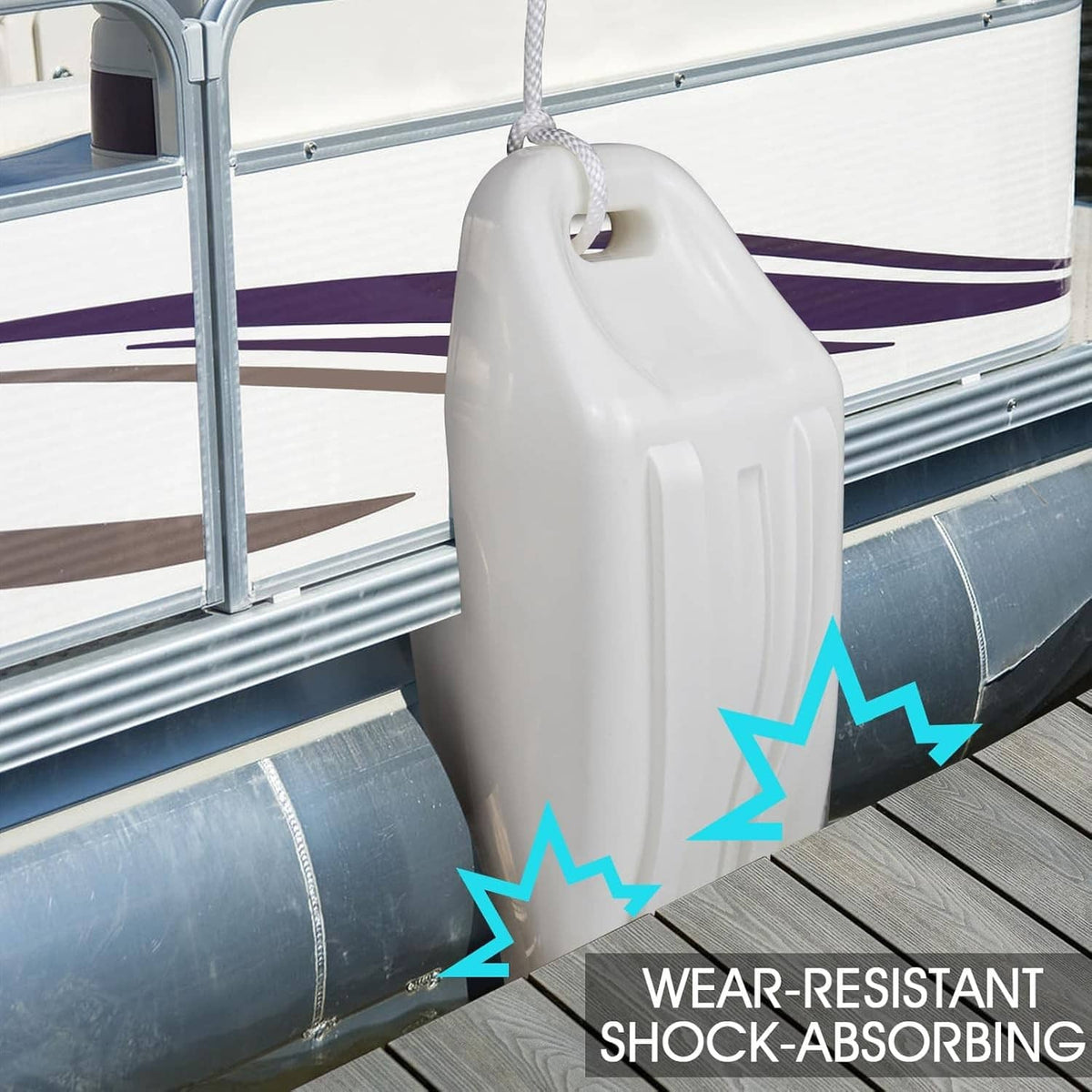 White pontoon bumper docked against the pontoon tube for shock protection