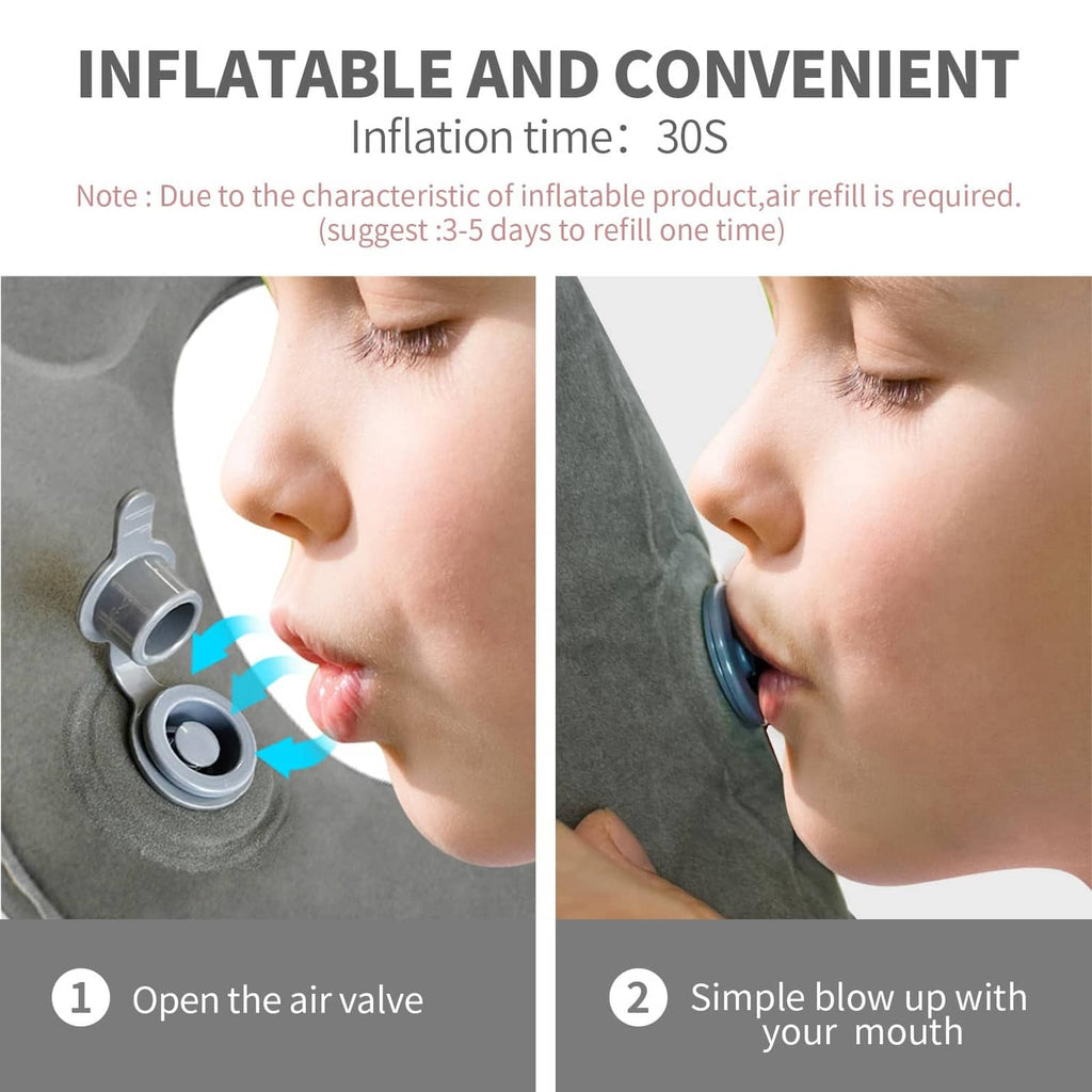 Gray inflatable wedge pillow air valve shown during inflation steps