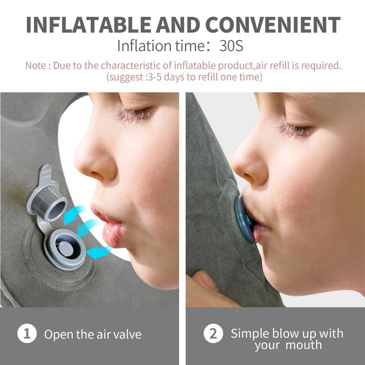 Gray inflatable wedge pillow air valve shown during inflation steps