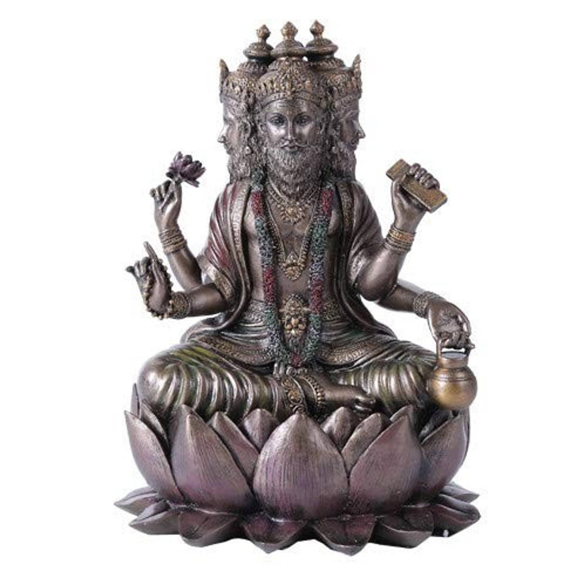 Four-faced Hindu deity statue, seated on lotus with ornate crown and four arms holding items