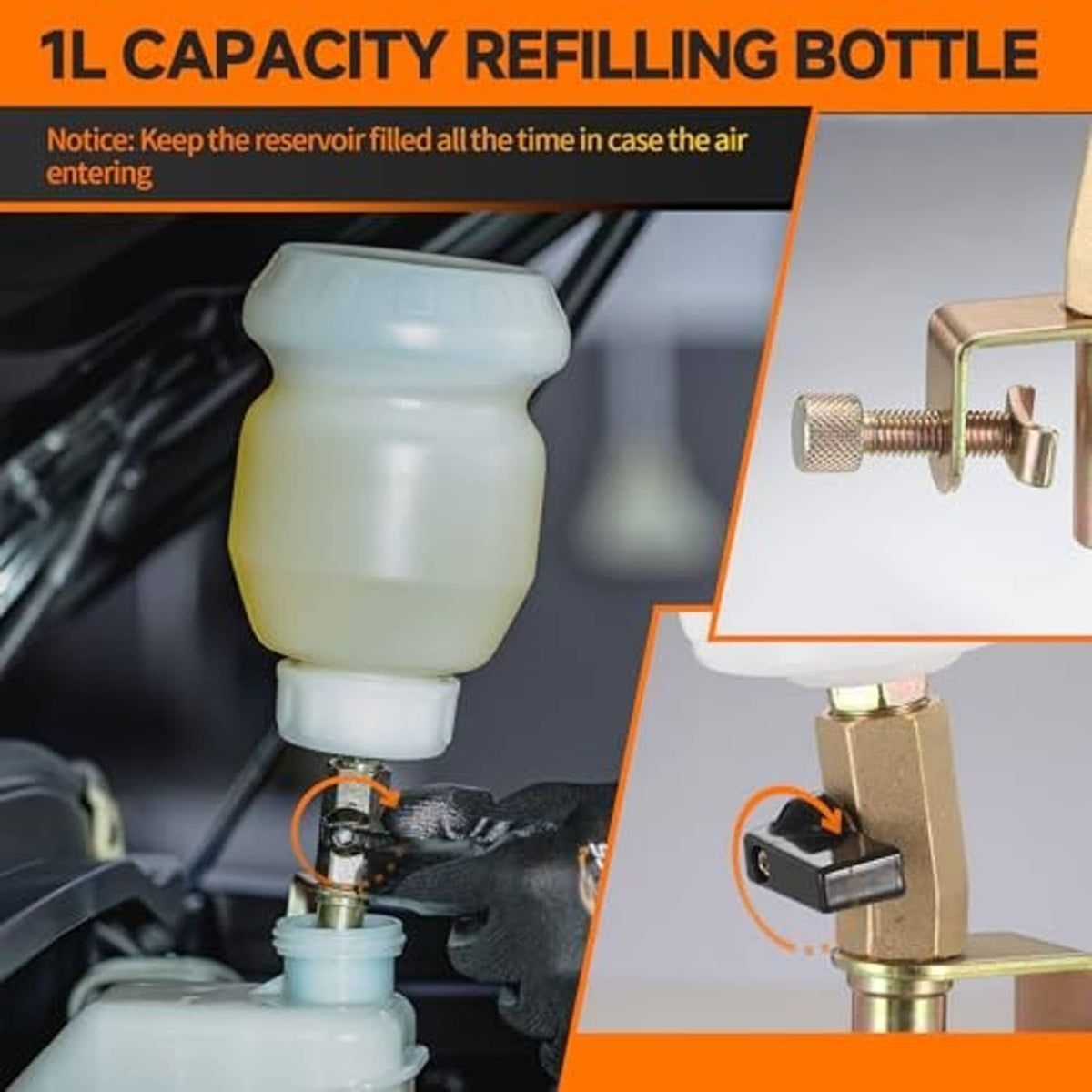1L brake fluid refilling bottle with clear reservoir and brass valve connection