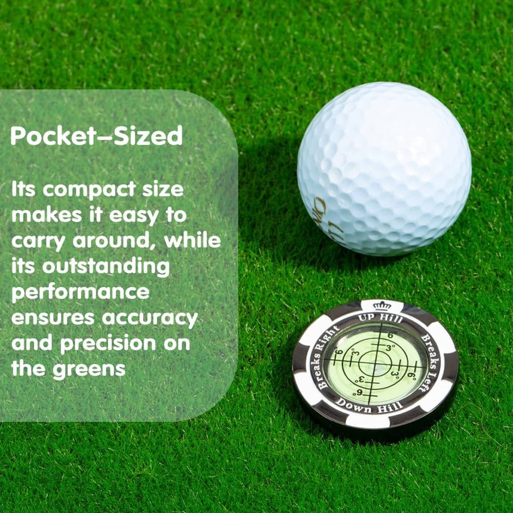 Green-dial golf slope reader beside a white golf ball
