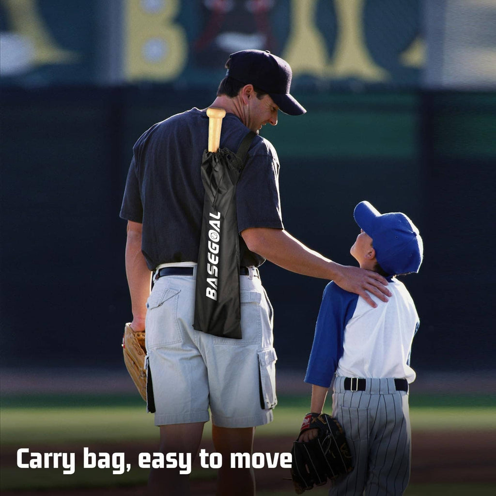 Adjustable baseball tee stand with carry bag and rubber tee top for travel.