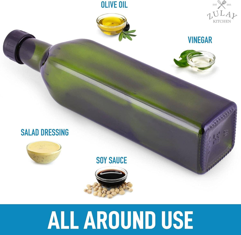 Dark green olive oil dispenser bottle for olive oil, vinegar, salad dressing, soy sauce