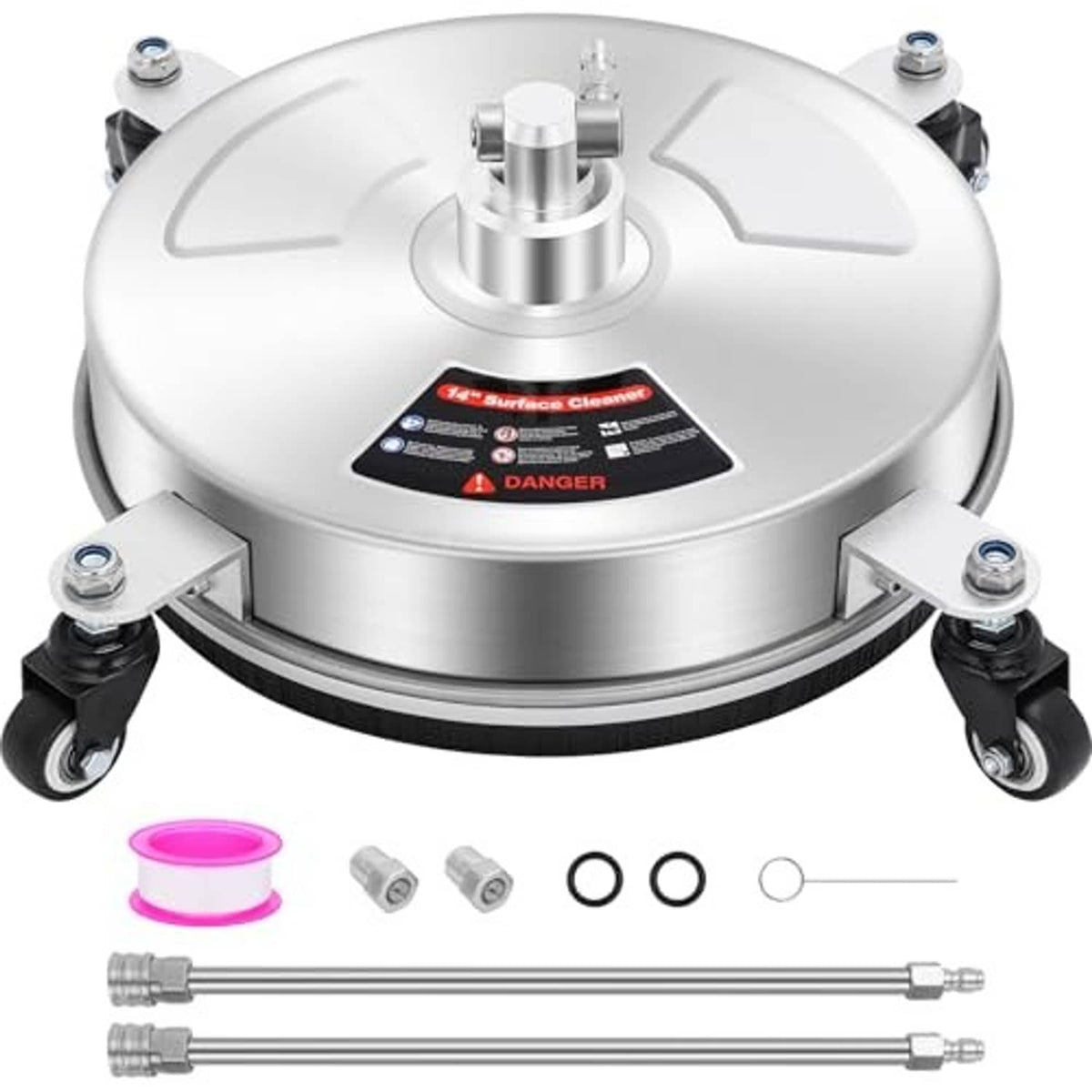 Stainless steel pressure washer surface cleaner head with caster wheels and safety label