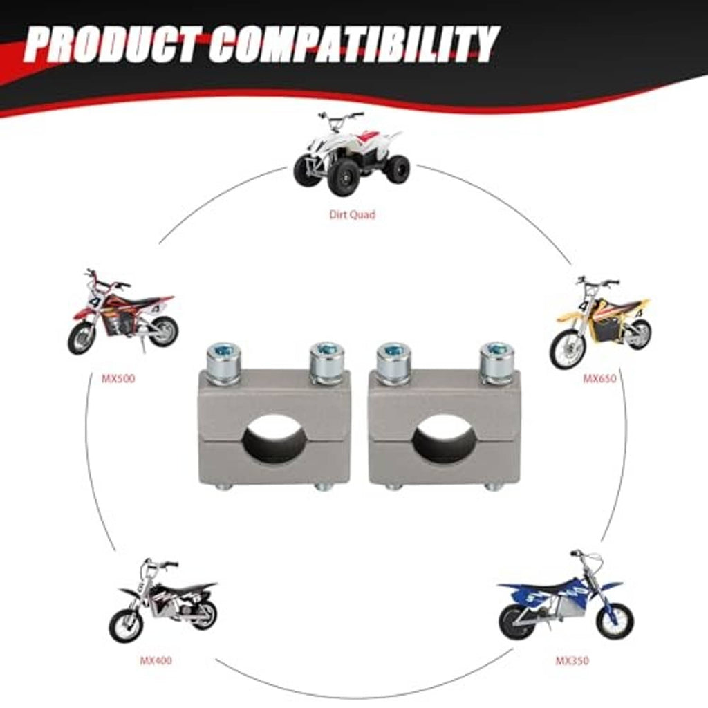 Silver handlebar clamp risers centered on a compatibility graphic, two clamps with bolts