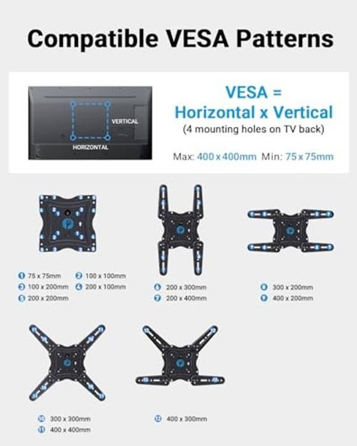 Full-motion TV wall mount compatible with VESA hole patterns from 75x75 to 400x400mm