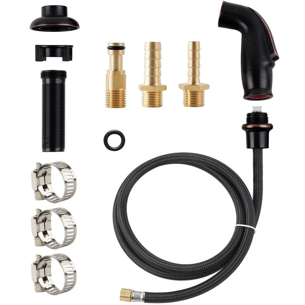 Universal kitchen sink side sprayer kit with black hose, trigger, and bronze fittings