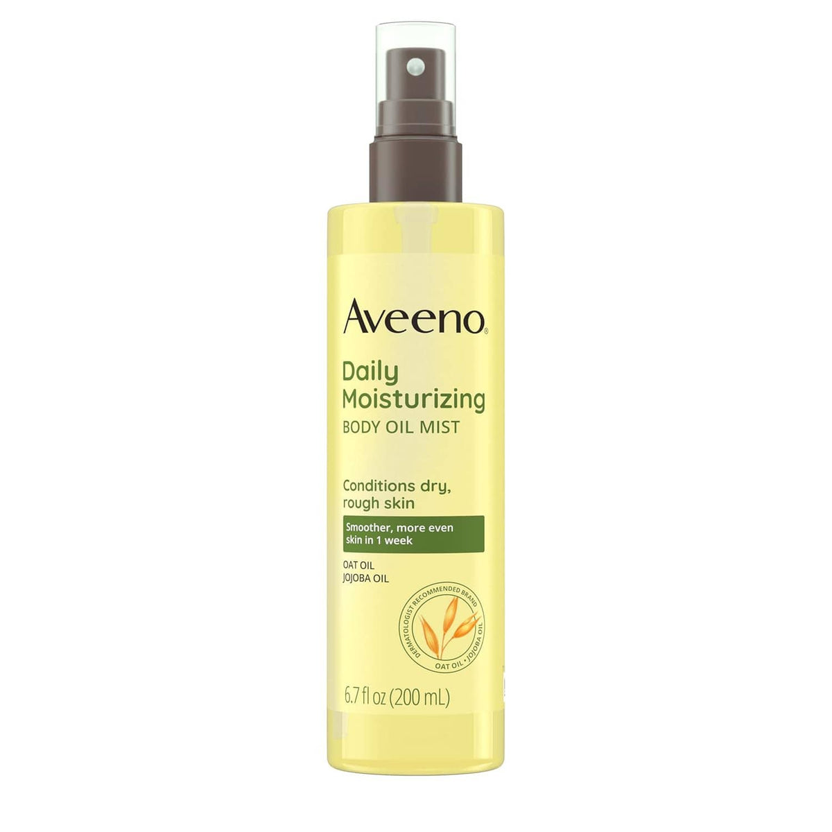 Aveeno Daily Moisturizing Body Oil Mist bottle with oat and jojoba oils, yellow label