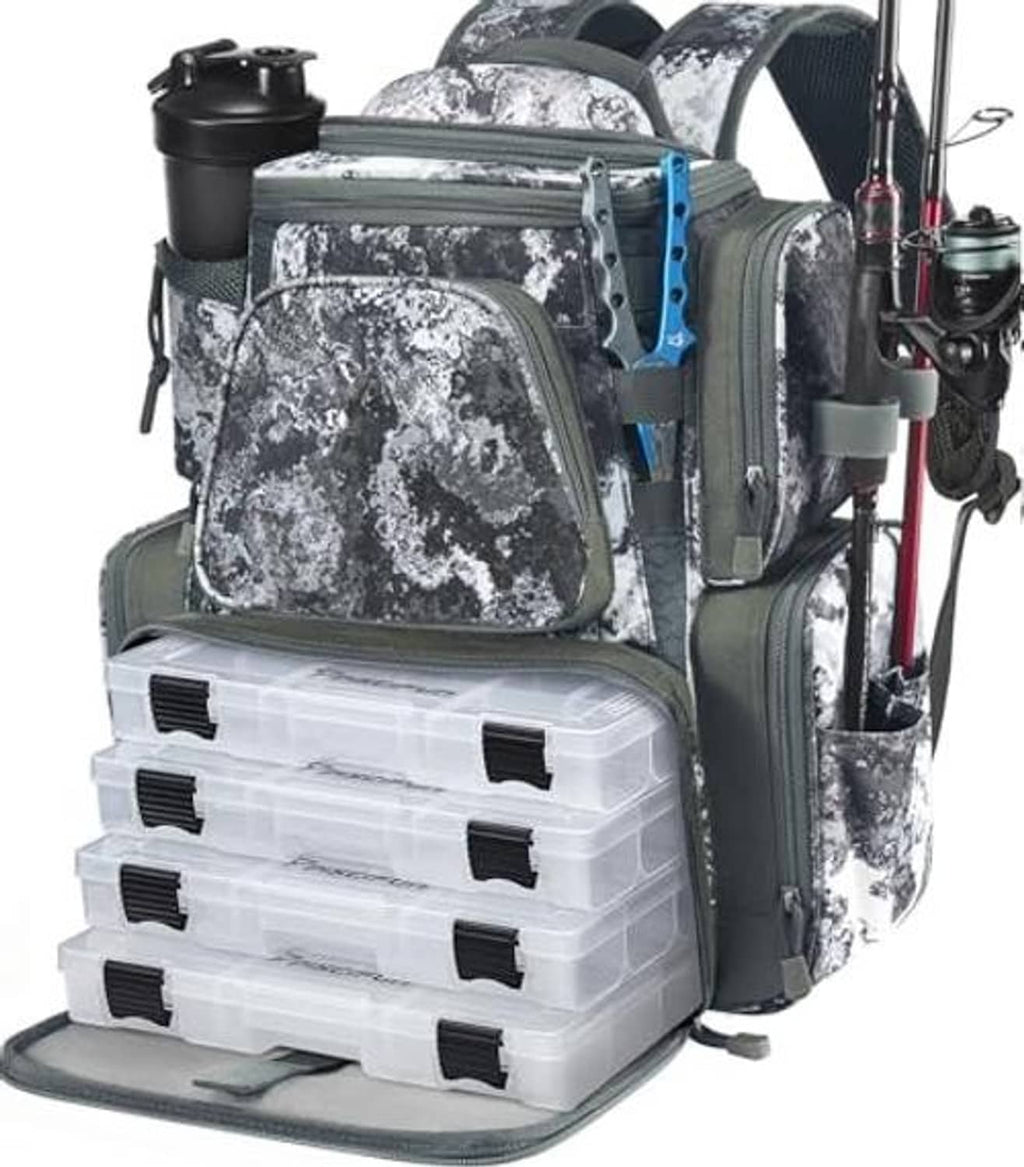 Gray camouflage fishing backpack with 4 tackle boxes, side rod holders, and storage pockets