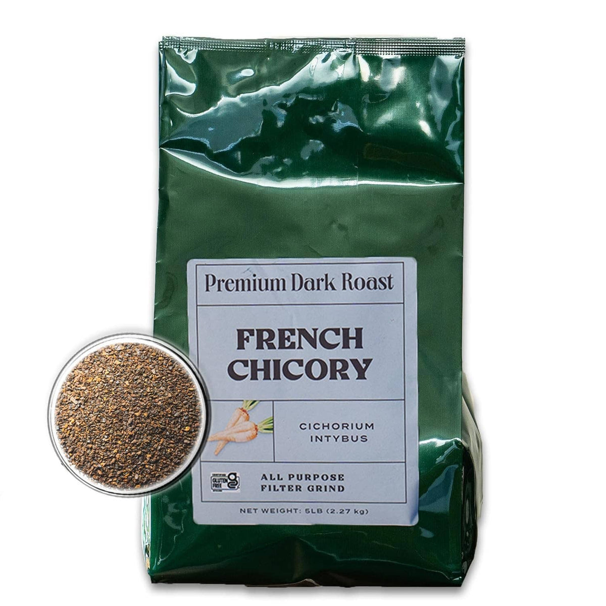 Chicory root bag with scoop of dark roasted ground chicory