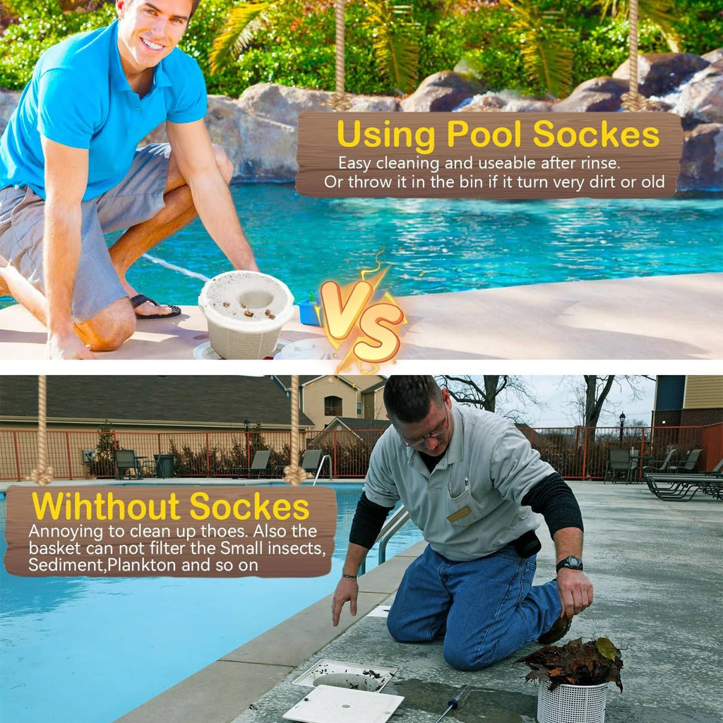 White pool skimmer sock with blue mesh base, shown at pool edge