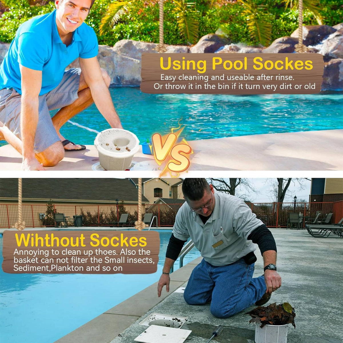 White pool skimmer sock with blue mesh base, shown at pool edge
