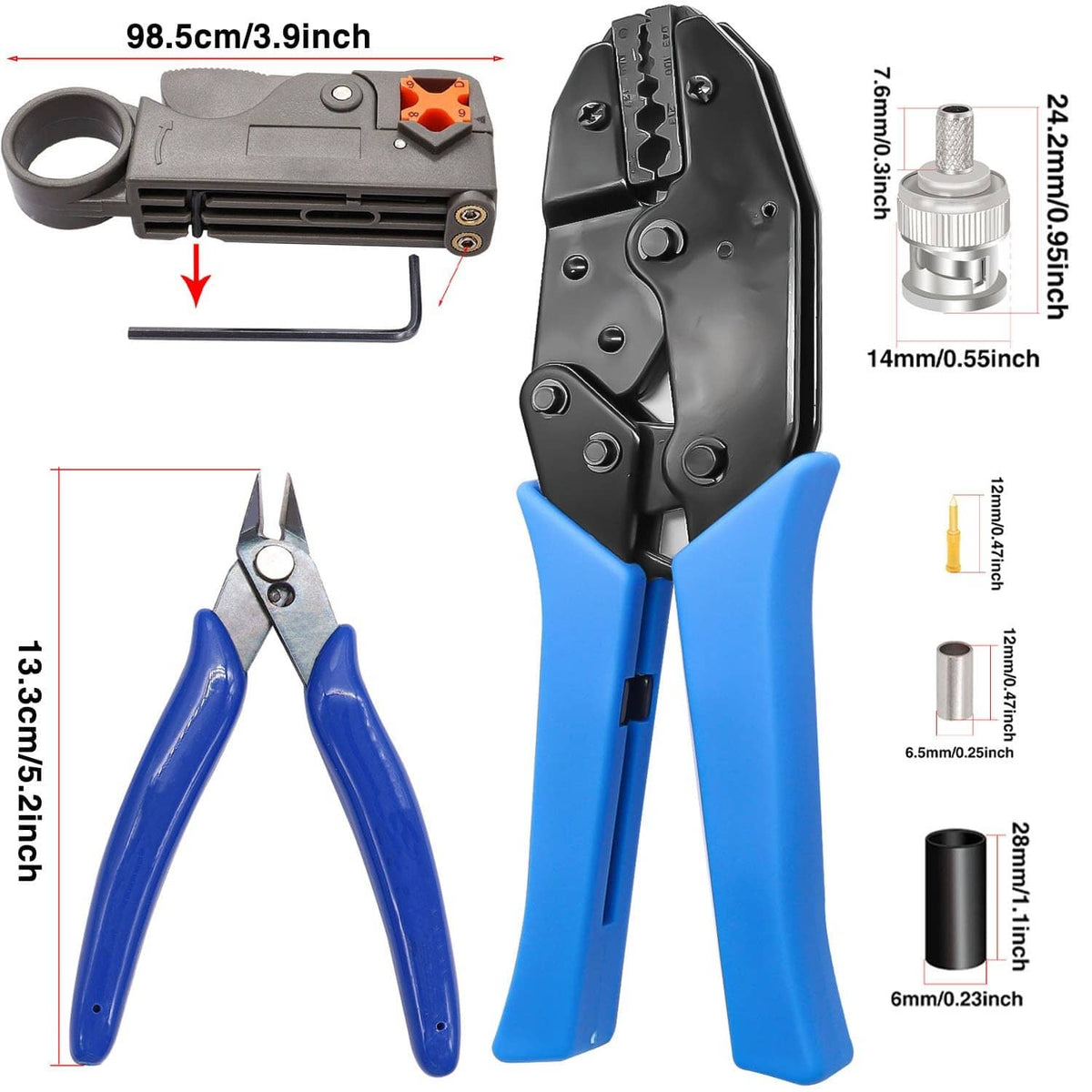 Coaxial BNC crimp tool with blue grips and wire stripper, plus spare connector parts