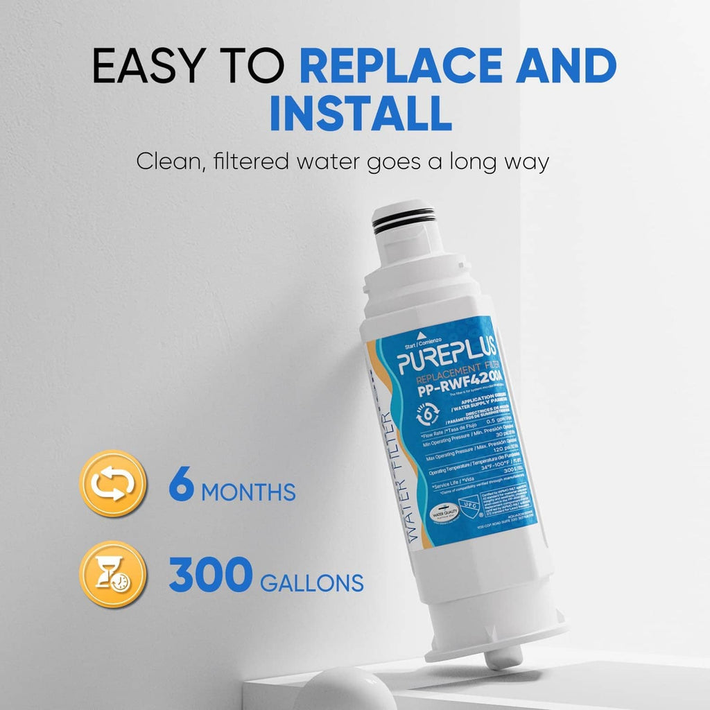 Refrigerator water filter replacement cartridge, white with blue label, easy install graphic.