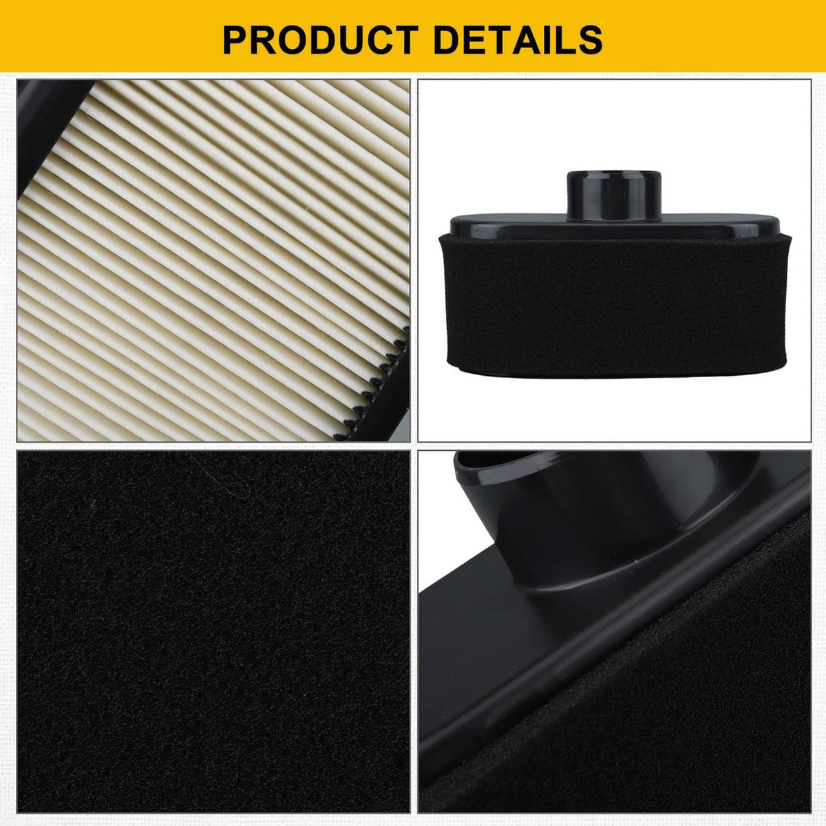 Air filter kit details: pleated media texture and foam seal with black rim