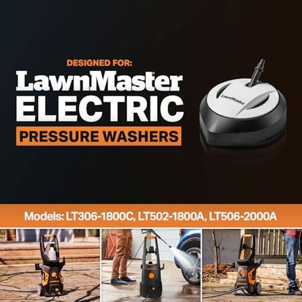 Circular pressure washer surface cleaner with white top and black base