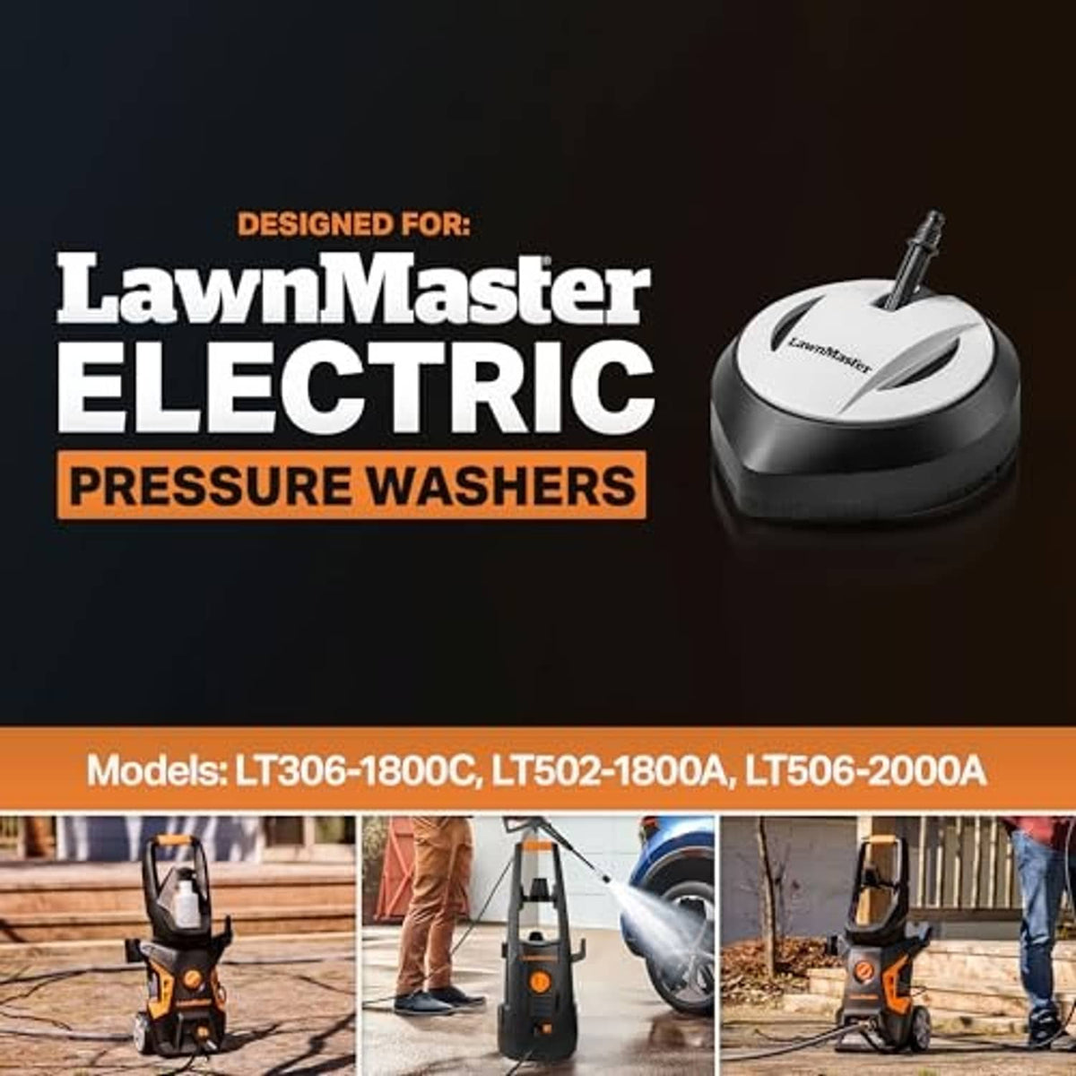 Circular pressure washer surface cleaner with white top and black base