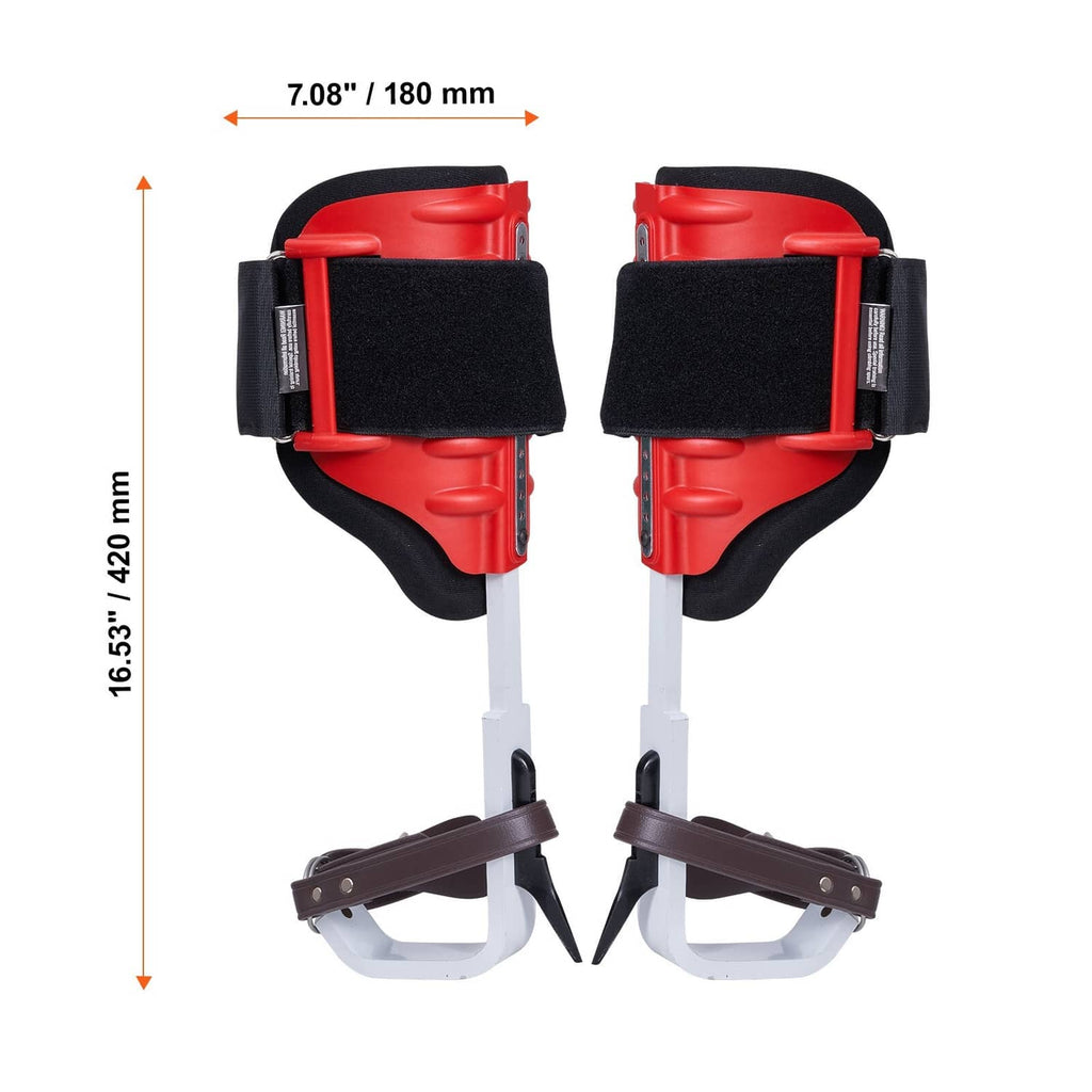 Pair of tree climbing spikes set with red shells, black pads, and white adjustable legs