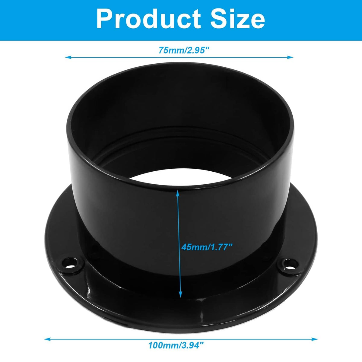Black ABS duct connector flange, 75mm straight pipe coupling with screw holes