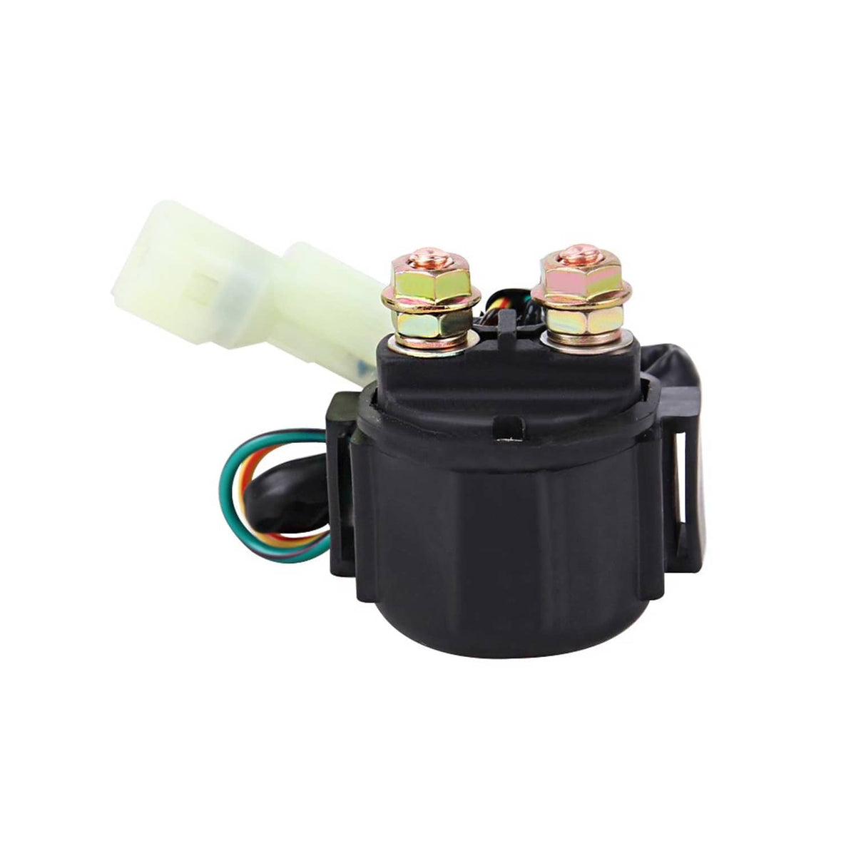 Starter relay solenoid with black body, two bolts on top, and colored wire harness