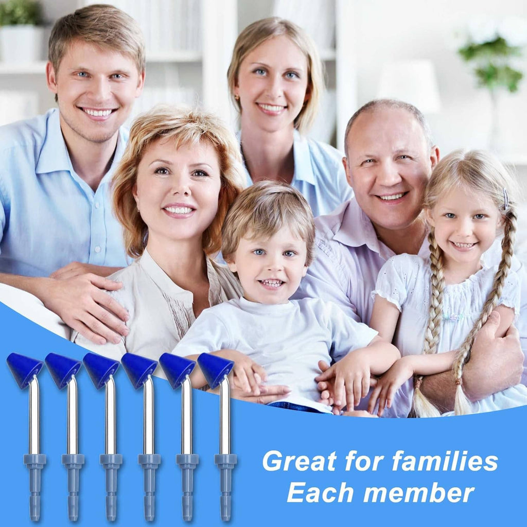 Set of blue nasal rinse tips with metal nozzles, shown with family