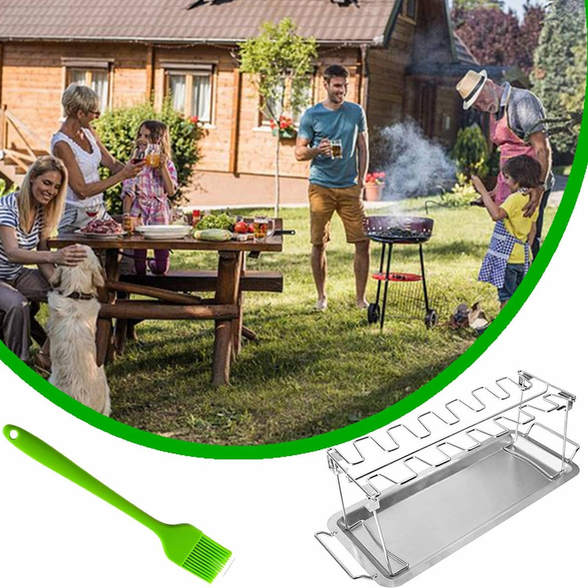 Foldable stainless steel chicken leg rack with drip tray and green brush