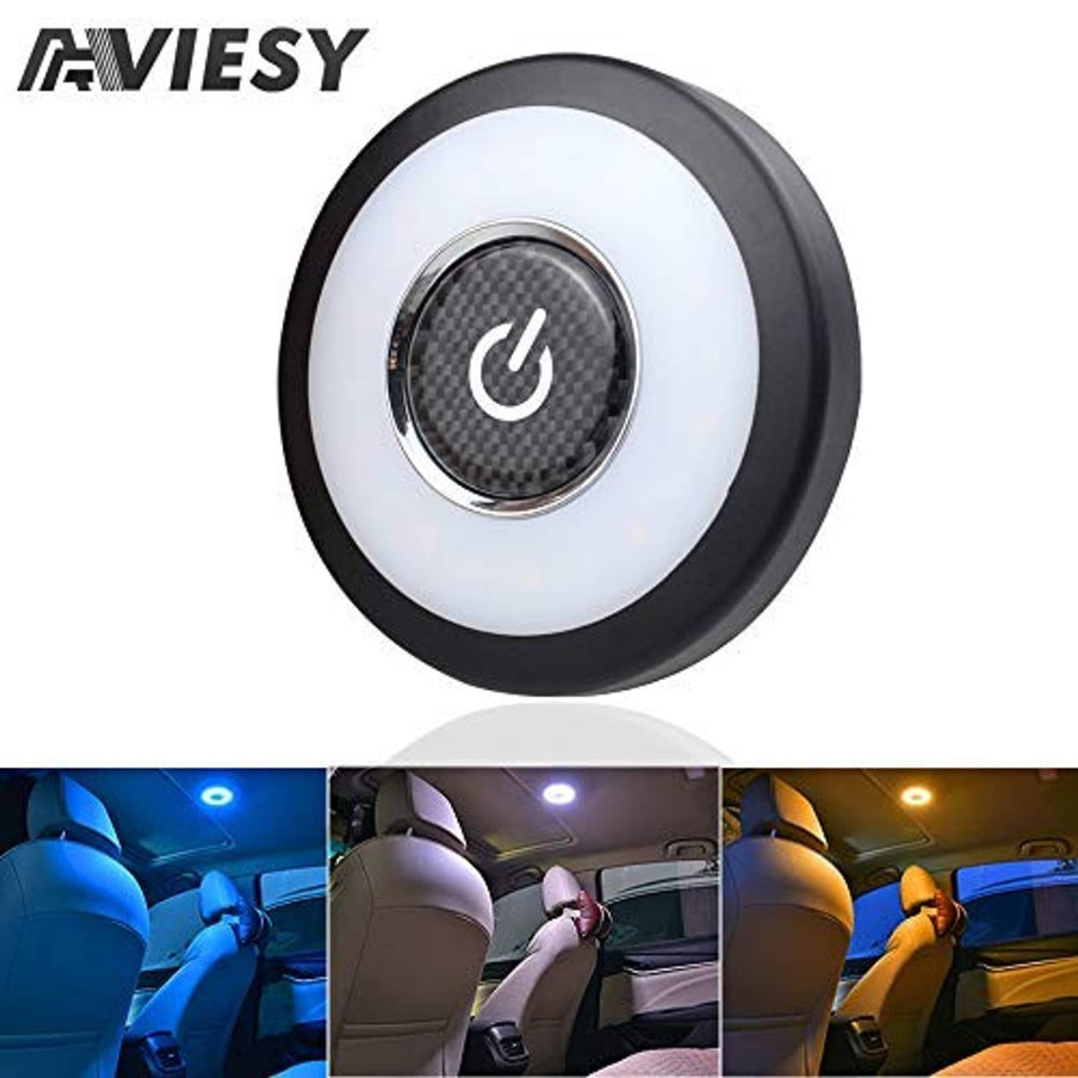 Round LED car interior light with power button, black rim and carbon-fiber center