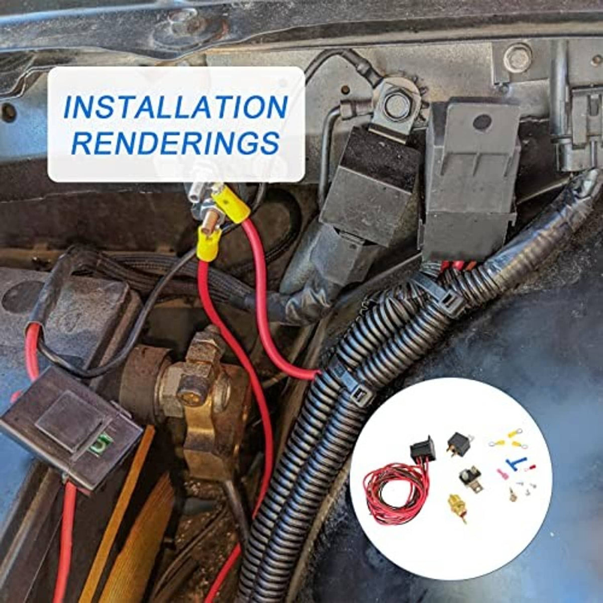Electric fan thermostat kit installed with relay blocks, red wires, and brass sensor in engine bay