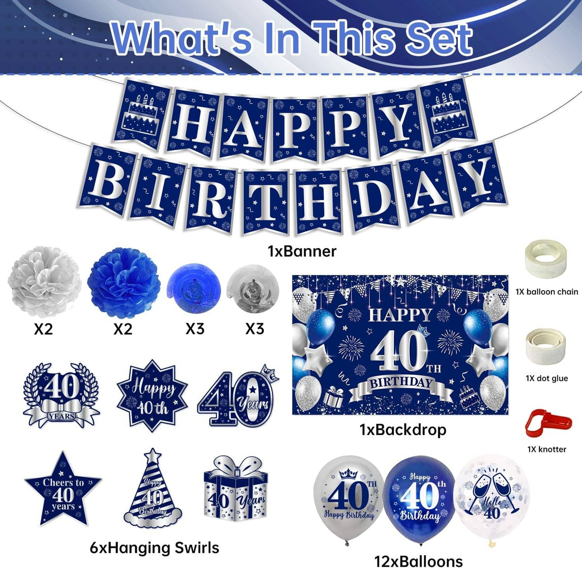 Blue 40th birthday banner with pom-poms, hanging swirls, balloons, and backdrop