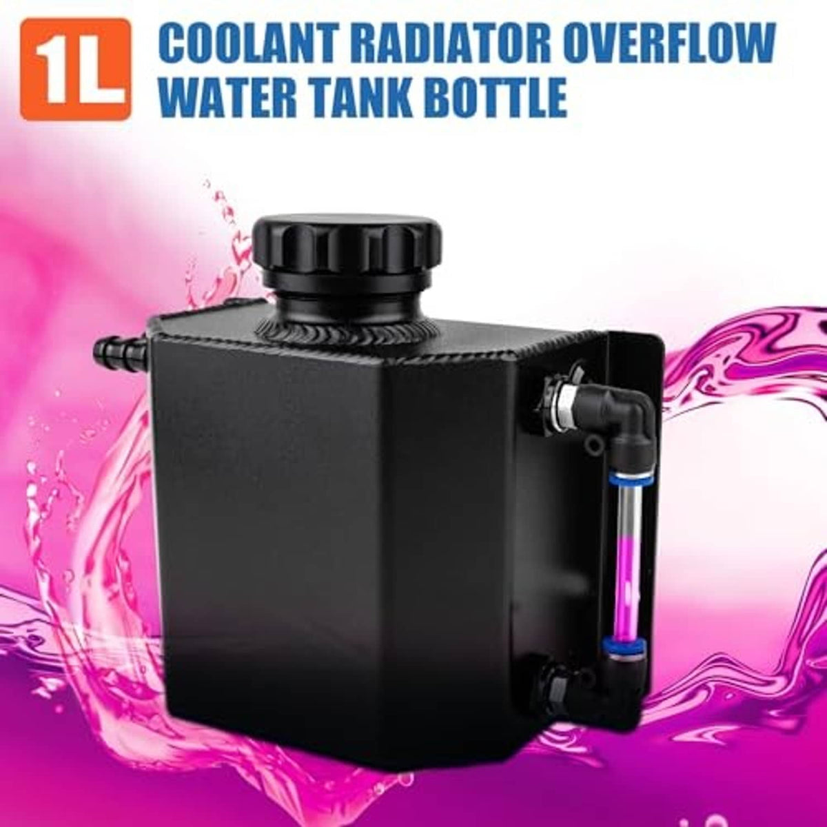 Black 1L coolant radiator overflow water tank bottle with top cap and hose lines
