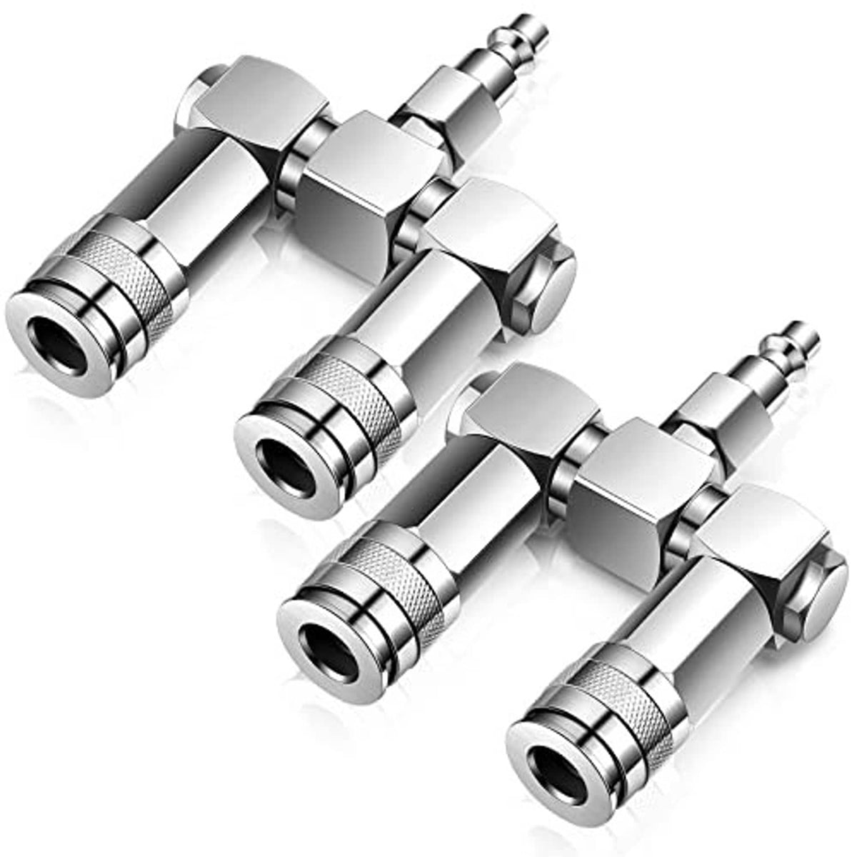 2-way air hose splitter connectors set with four openings and knurled metal sleeves