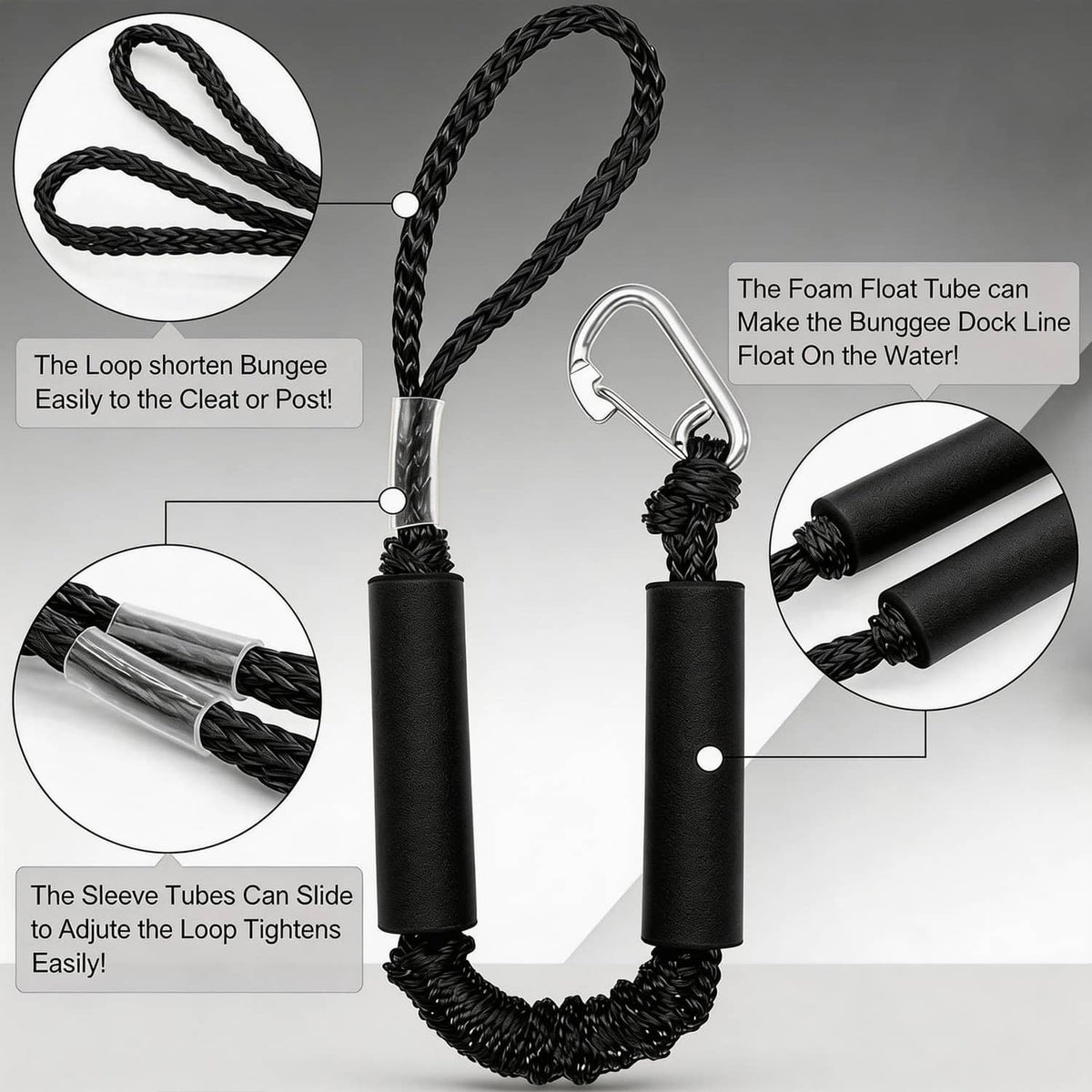 Black bungee dock line with braided rope loop and black foam float tube sleeve