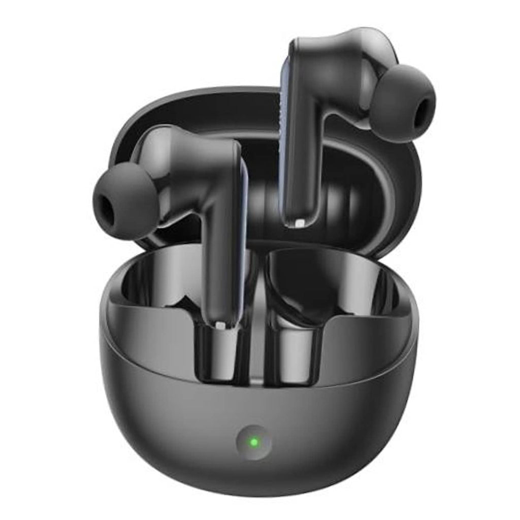 Black wireless earbuds with open charging case, front view, glossy finish