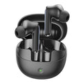 Black wireless earbuds with open charging case, front view, glossy finish
