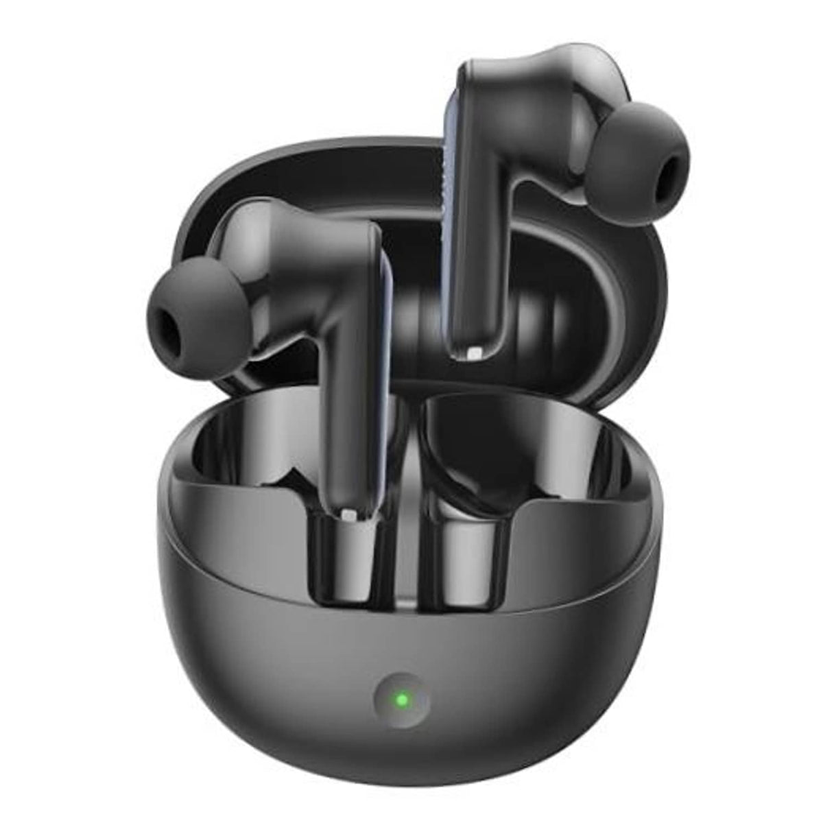 Black wireless earbuds with open charging case, front view, glossy finish