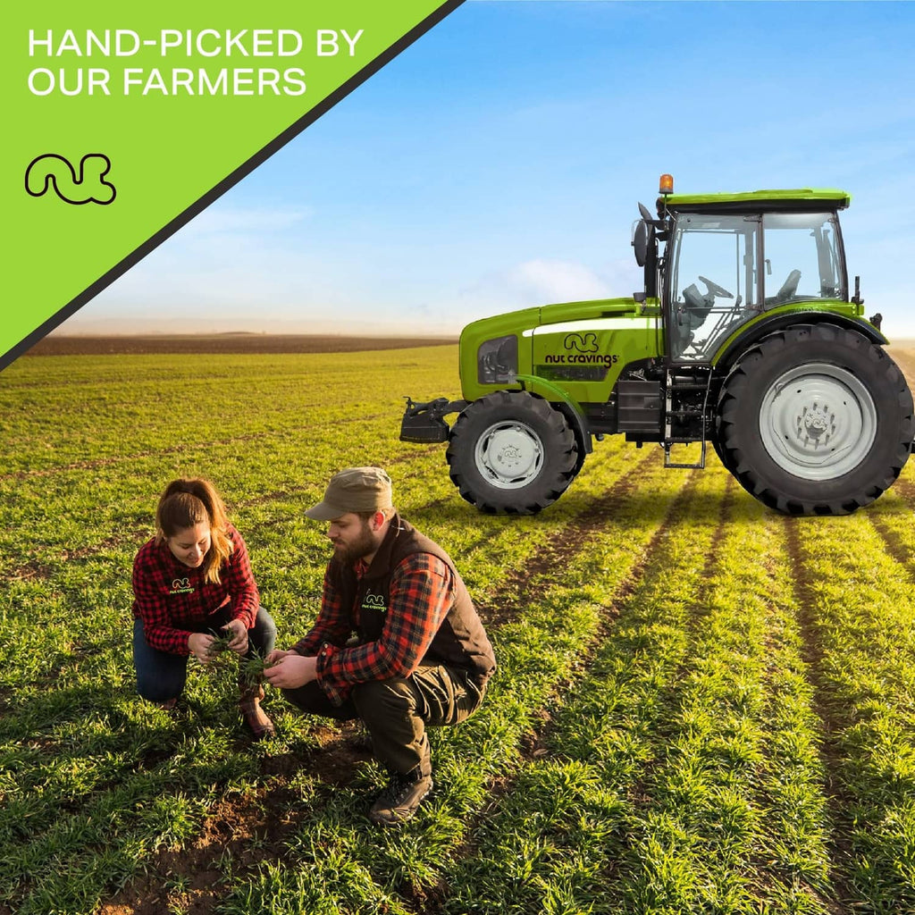 Brazil nuts pouch with farm tractor and field scene, featuring a green farmer-pick badge