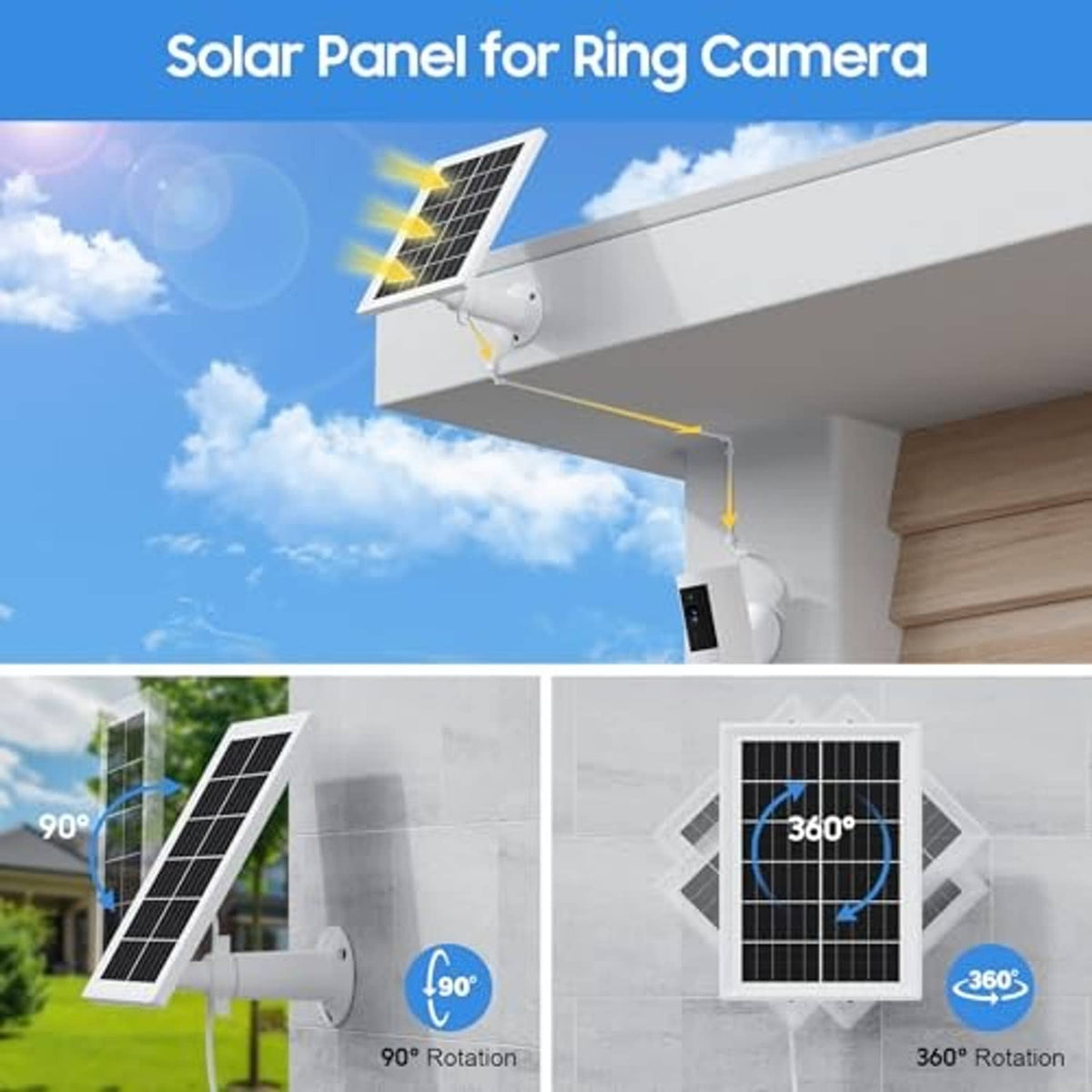 Solar panel with mounting bracket and cable for outdoor security camera power