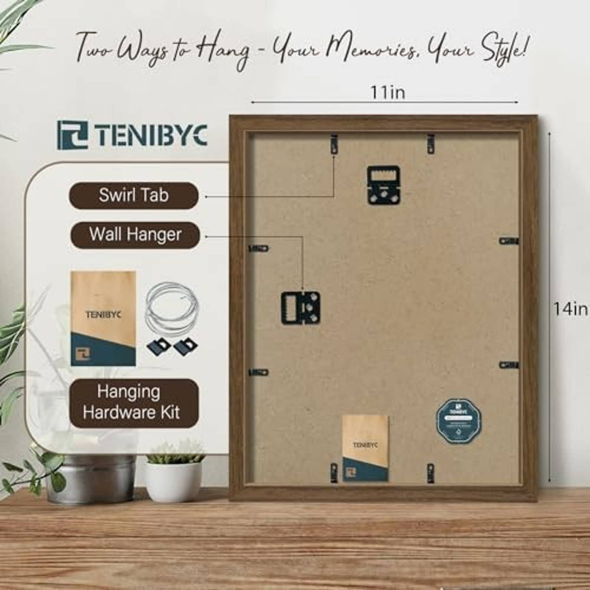 11x14 brown wood picture frame back with hanging hardware kit, wall-ready