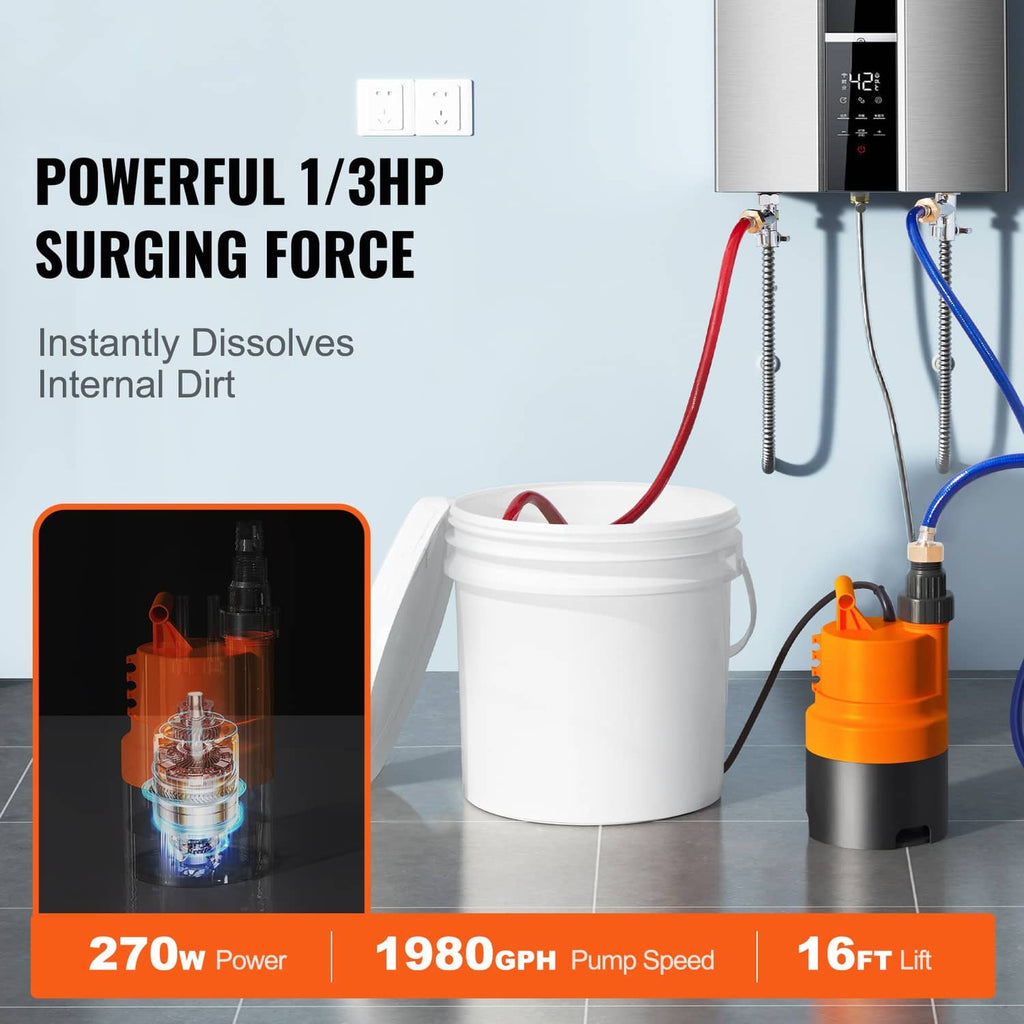 Water heater flushing kit: orange pump connected to red and blue hoses with white bucket
