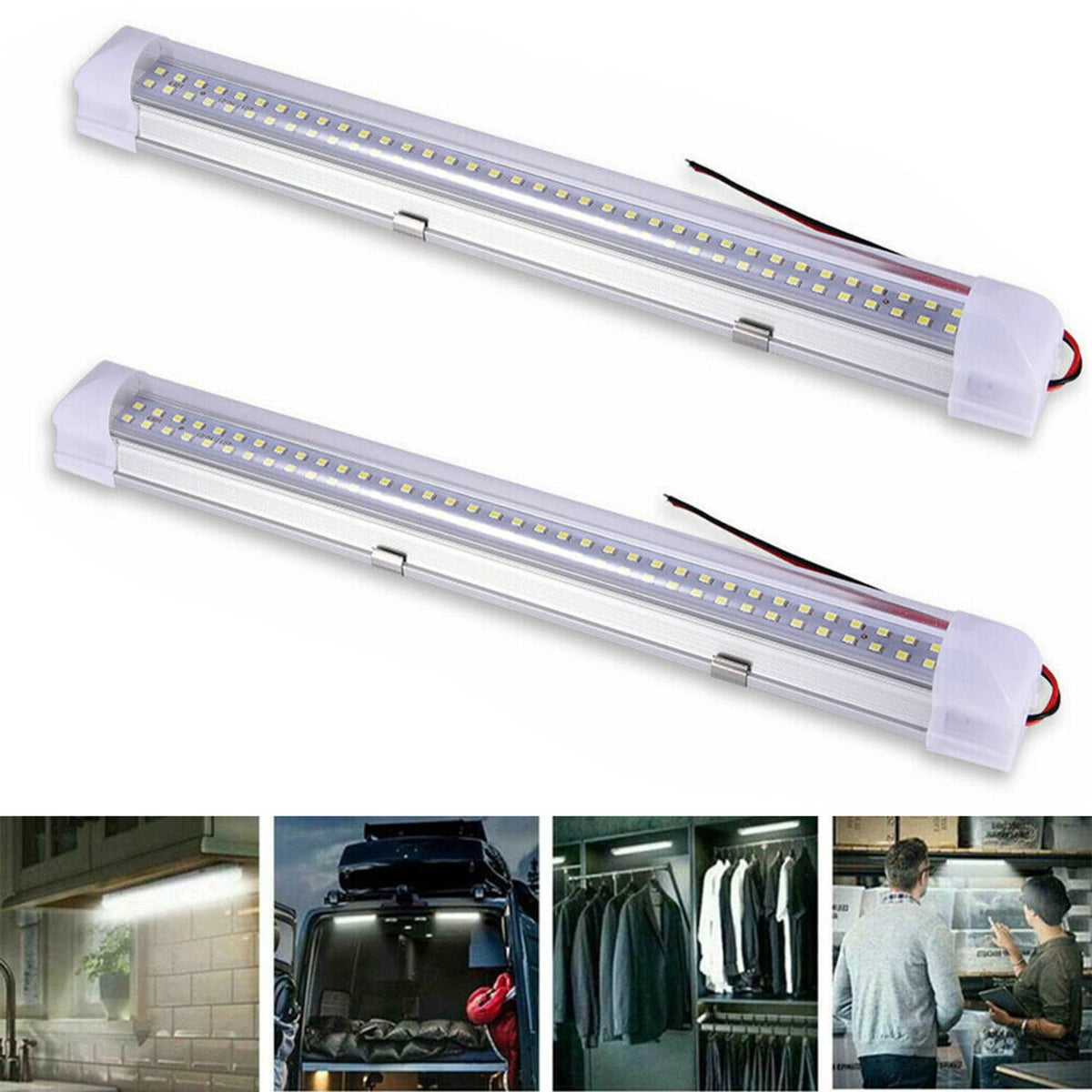 Pair of LED RV ceiling dome light bars with white end caps and visible wiring