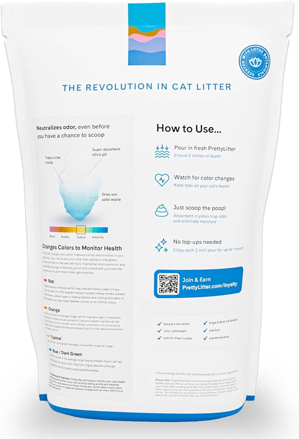 Back view of lotus flower scented cat litter bag with color-change health instructions