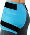 Light blue hip ice pack wrap with black securing straps, worn on hip