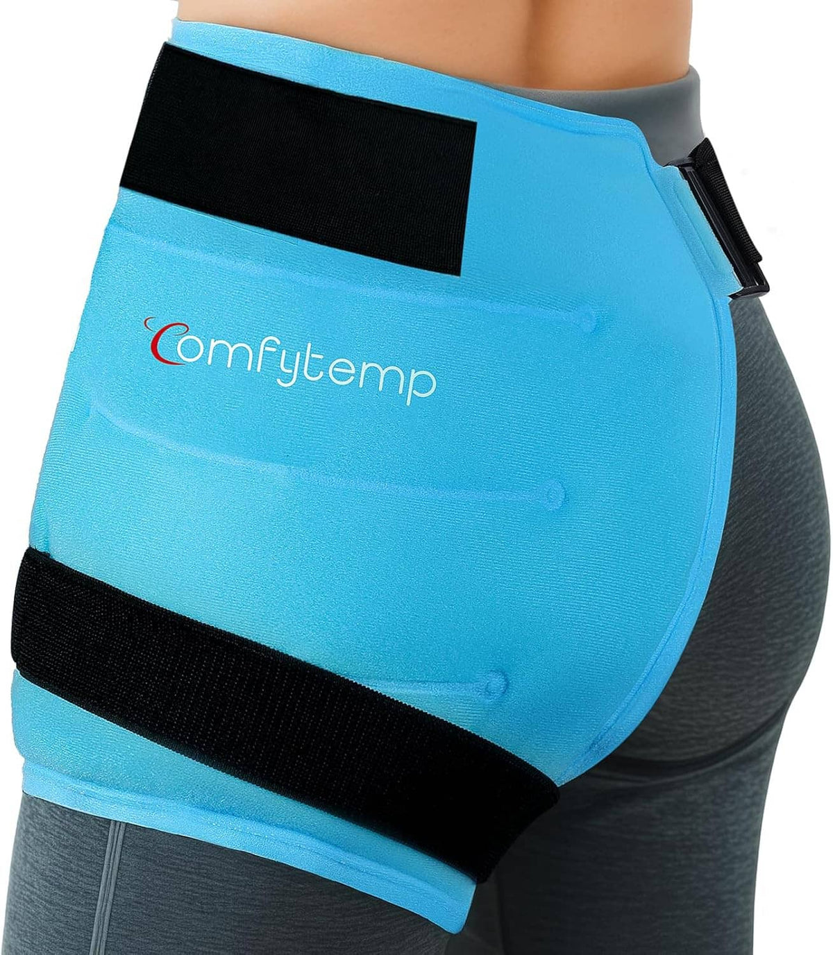 Light blue hip ice pack wrap with black securing straps, worn on hip