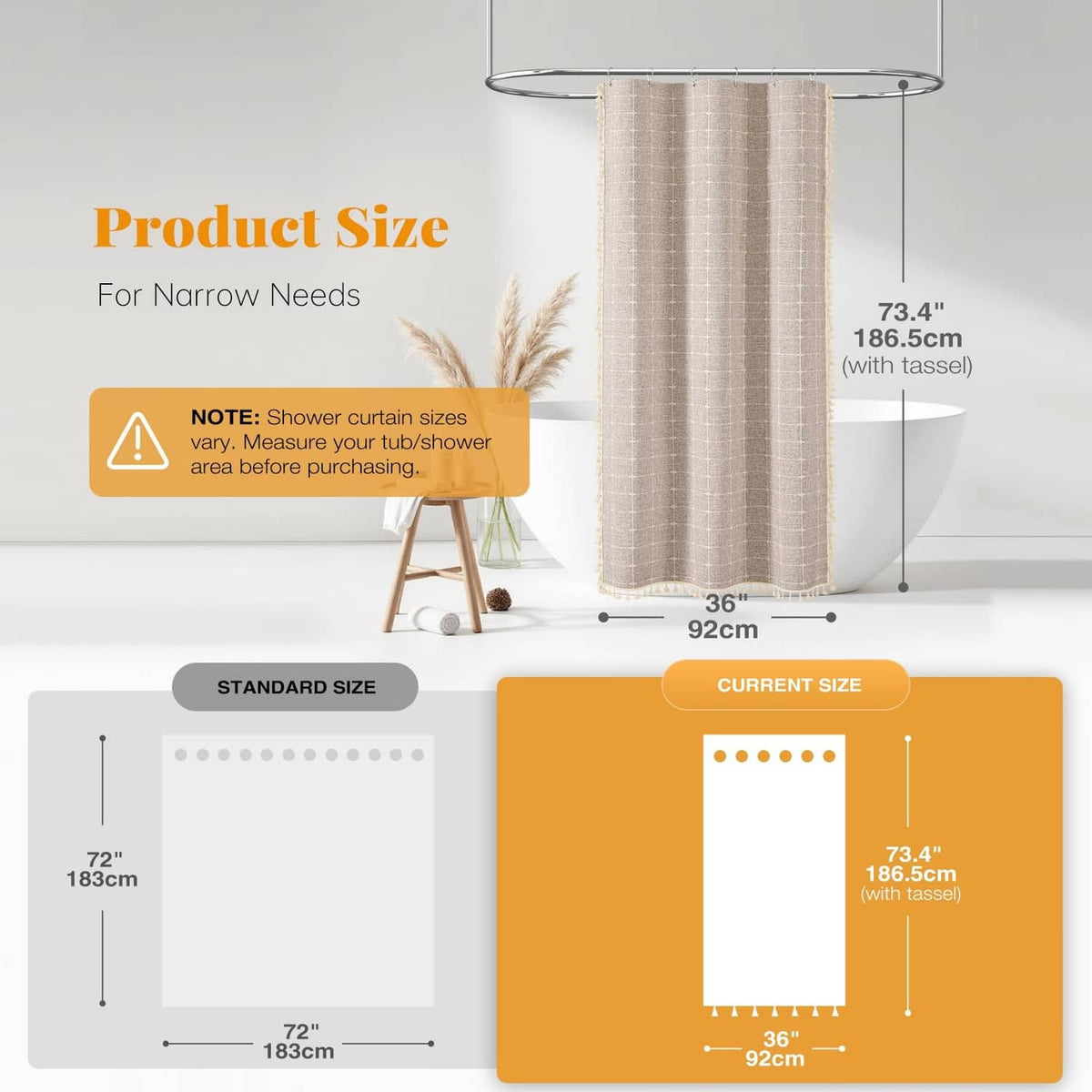 Taupe narrow shower curtain panel with tassel fringe, hanging view