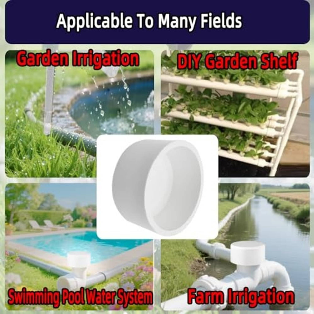 White PVC pipe end cap fitting, cylindrical plug with open socket end