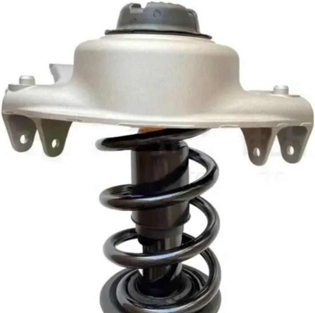 Front shock strut spring assembly with black coil and silver upper mount bracket