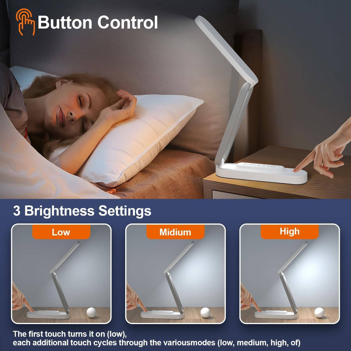 Foldable white LED desk lamp shining from an arched head on a bedside surface