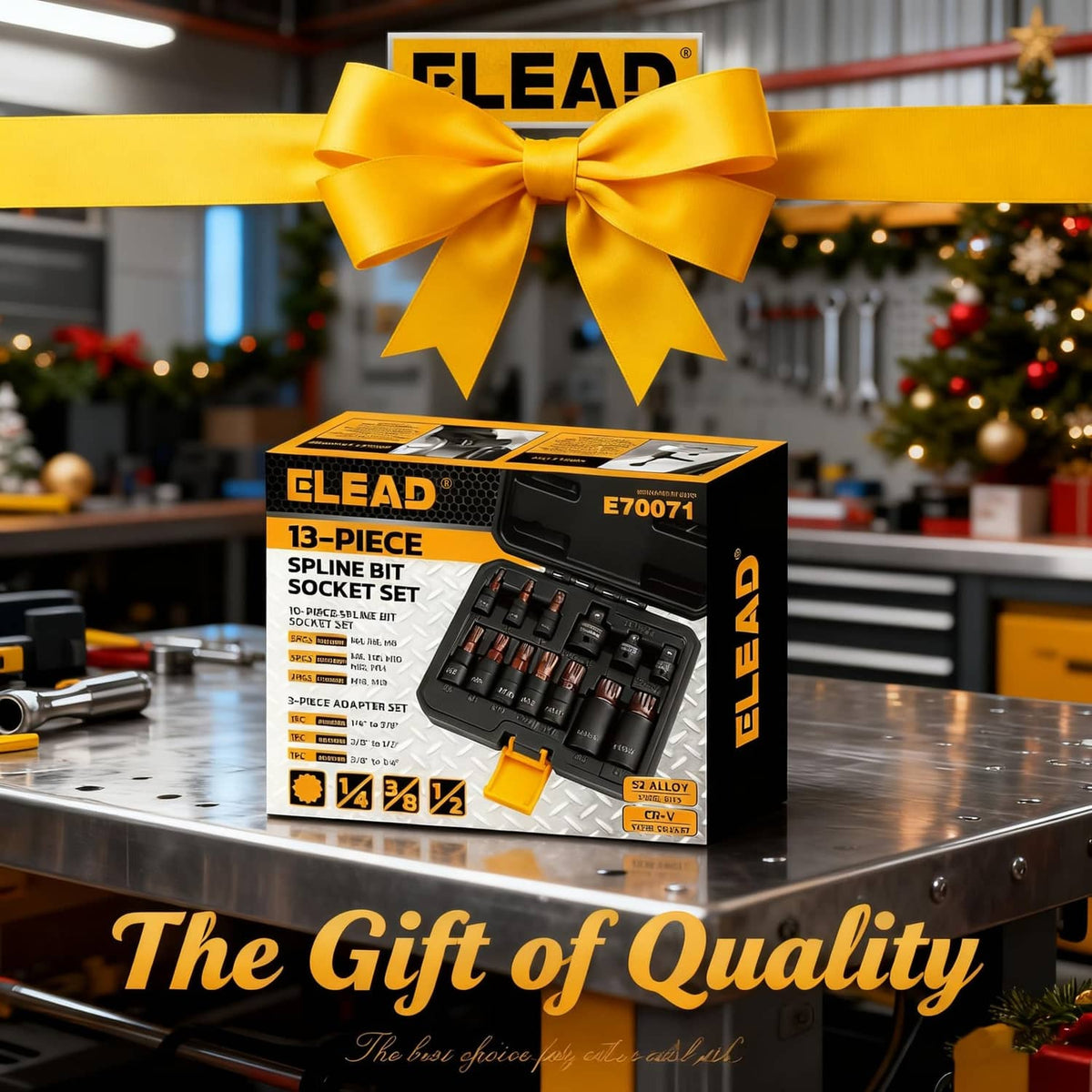 Retail boxed 13-piece spline bit socket set with gift ribbon on a workbench