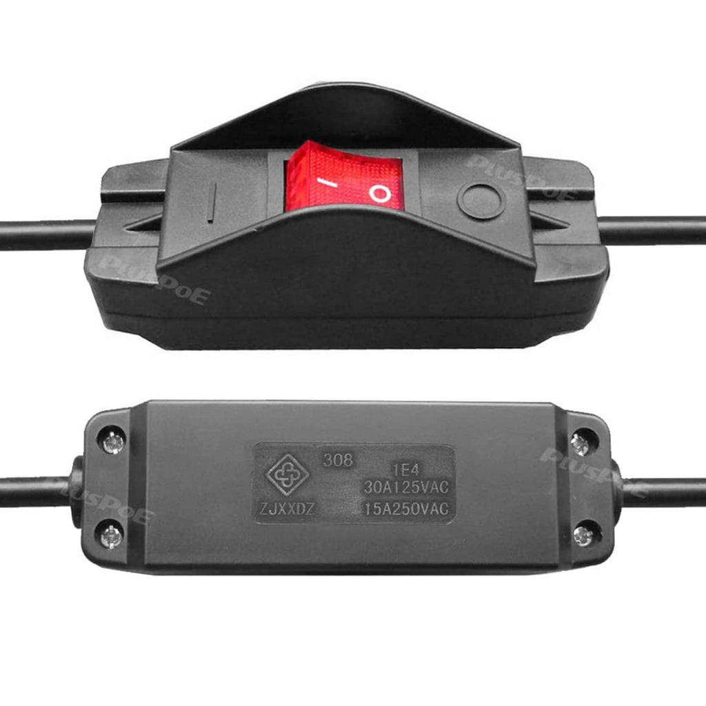 Inline rocker cord switch with red I/O rocker and black housing, front view.